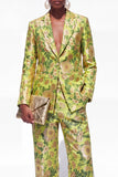Blue Floral Notched Lapel 2 Piece One Button Women Suits