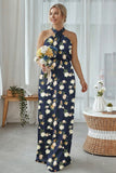 Sage White Floral Halter Plus Size Sheath Bridesmaid Dress