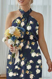Sage White Floral Halter Plus Size Sheath Bridesmaid Dress