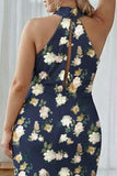 Sage White Floral Halter Plus Size Sheath Bridesmaid Dress