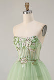Fuchsia Strapless Tiered A-Line Corset Prom Dress With Slit