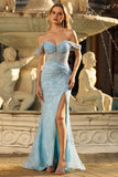 Off The Shoulder Blue Mermaid Corset Sequin Prom Dress With Slit
