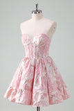 Beauty Blue A Line Pleated Strapless Corset Floral Mini Dress