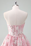 Beauty Blue A Line Pleated Strapless Corset Floral Mini Dress