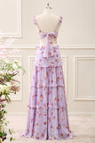 Grey Purple A Line Ruffled Cut Out Floral Maxi Dress
