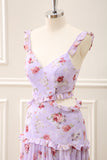 Grey Purple A Line Ruffled Cut Out Floral Maxi Dress