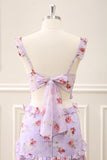 Grey Purple A Line Ruffled Cut Out Floral Maxi Dress