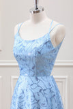 Sparkly Blue A Line Lace-up Back Maxi Dress with Slit