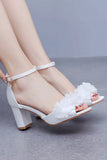 White Open Toe Ankle Strap Flower Chunky High Heels