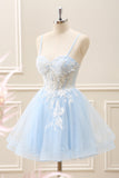 Elegant Blue A Line Corset Mini Dress with Appliques