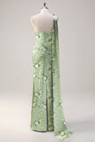 One Shoulder Sage Floral Sheath Ruched Maxi Dress with Streamer