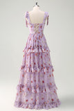 Grey Purple A Line Tiered Corset Slit Floral Maxi Dress with Lace-up Back