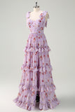 Grey Purple A Line Tiered Corset Slit Floral Maxi Dress with Lace-up Back