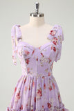 Grey Purple A Line Tiered Corset Slit Floral Maxi Dress with Lace-up Back