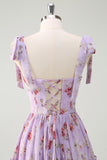 Grey Purple A Line Tiered Corset Slit Floral Maxi Dress with Lace-up Back