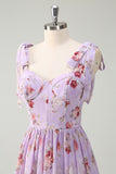 Grey Purple A Line Tiered Corset Slit Floral Maxi Dress with Lace-up Back