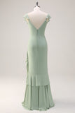 Dusty Sage V Neck Ruffled Sheath Bridesmaid Dress