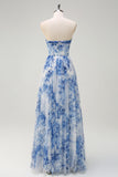 White Blue Flower Corset Off the Shoulder Maxi Dress