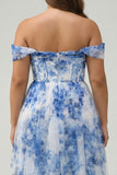 Off the Shoulder Floral White Blue Corset Plus Size Prom Dress