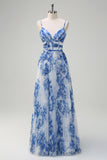 Pleated A Line White Blue Flower Spaghetti Straps Maxi Dress