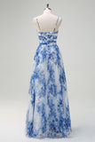 Pleated A Line White Blue Flower Spaghetti Straps Maxi Dress