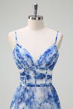 Pleated A Line White Blue Flower Spaghetti Straps Maxi Dress