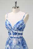 Pleated A Line White Blue Flower Spaghetti Straps Maxi Dress