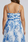 White Blue Floral A Line Pleated Plus Size Prom Dress