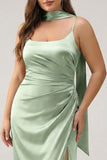 Sage Sheath Satin Plus Size Maxi Bridesmaid Dress