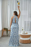 Sage White Floral Halter Plus Size Sheath Bridesmaid Dress