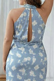 Sage White Floral Halter Plus Size Sheath Bridesmaid Dress