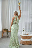 Sage White Floral Halter Plus Size Sheath Bridesmaid Dress