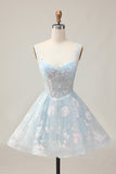 Light Blue A Line Corset Homecoming Dress with Sequins