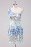 Sparkly Light Blue One Shoulder Sequins Bodycon Mini Dress