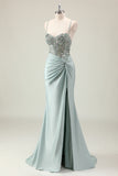 Dark Navy Ruched Mermaid Sequined Prom Dress with Slit