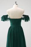 Dark Green A Line V Neck Chiffon Long Bridesmaid Dress