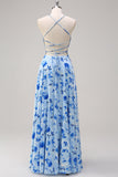 Blue A Line Floral Spaghetti Straps Maxi Dress with Slit