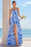 Blue A Line Floral Spaghetti Straps Maxi Dress with Slit