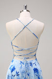 Blue A Line Floral Spaghetti Straps Maxi Dress with Slit