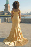 Golden Cold Shoulder Mermaid Satin Plus Size Prom Dress
