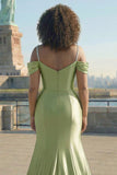 Golden Cold Shoulder Mermaid Satin Plus Size Prom Dress