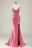 Coral Corset Sequin Mermaid Prom Dress with Slit