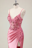 Coral Corset Sequin Mermaid Prom Dress with Slit