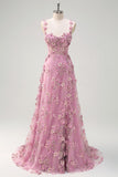 Floral Pink Corset A-Line Long Prom Dress