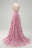 Floral Pink Corset A-Line Long Prom Dress