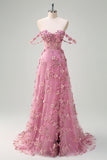 Floral Pink Corset A-Line Long Prom Dress