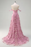 Floral Pink Corset A-Line Long Prom Dress