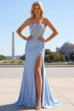 Strapless Mermaid Corset Blue Prom Dress with Slit
