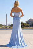 Strapless Mermaid Corset Blue Prom Dress with Slit