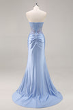 Burgundy Beaded Strapless Mermaid Prom Dress with Slit